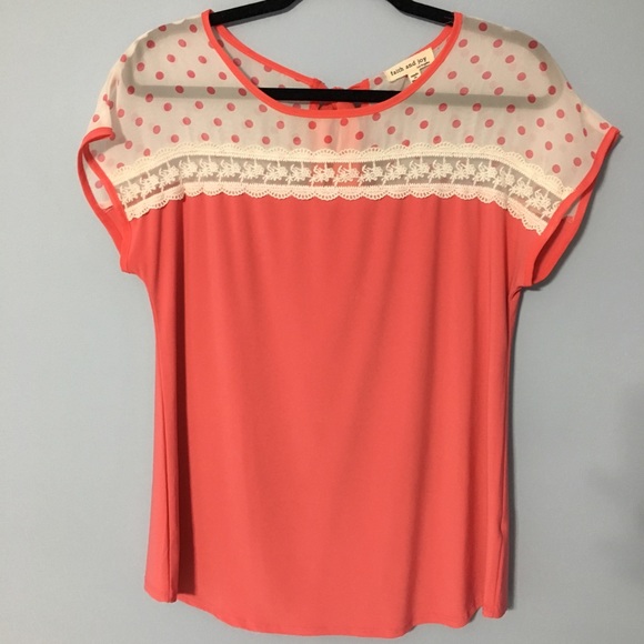 Tops - NWOT Faith & Joy coral polka dot top w/bow